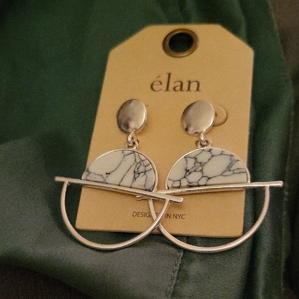 Élan NWT Modern Silver Tone & White Marble Earrings • Pierced Statement Jewelry